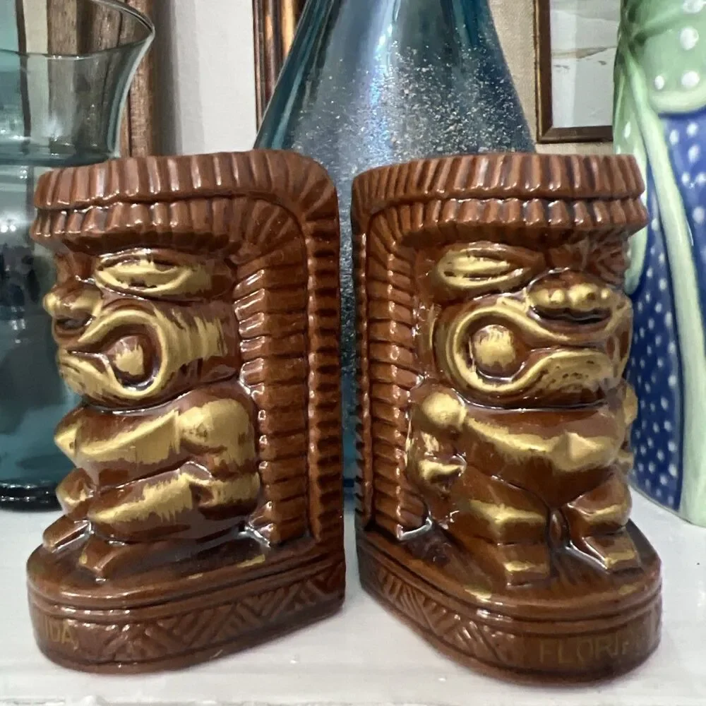 Vintage Brown Glaze Red Clay Tiki Salt & Pepper Shaker Set “Florida” 3.25” Japan
